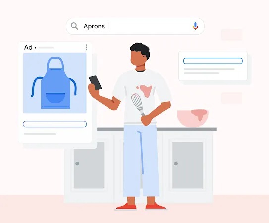 Ilustrācija ar vīrieti virtuvē, kurš izmanto Google meklēšanu tālrunī ar virtuves priekšauta reklāmu.