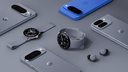Uma coleção de dispositivos Pixel em um fundo cinza, com smartphones, um smartwatch e fones de ouvido.