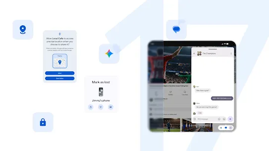 Android 17 user interface elements overlaying a large number 17.